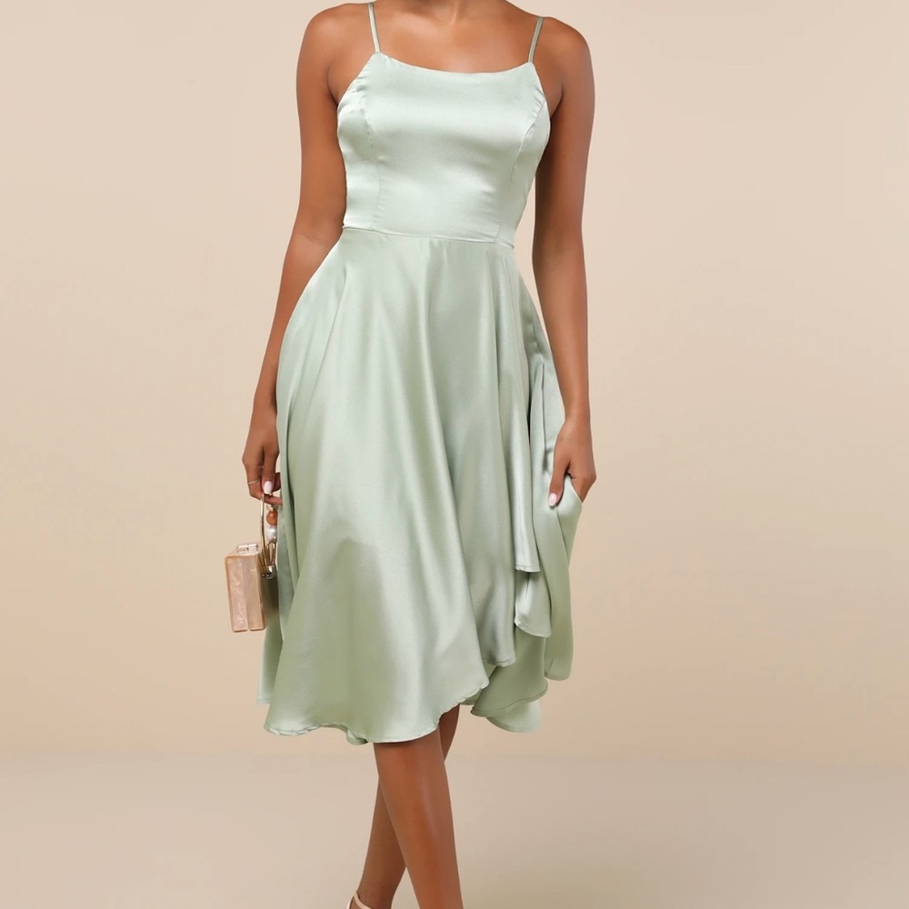 Lulu's Sage Satin Midi Dress Asymmetrical Tie-Back NWT size small